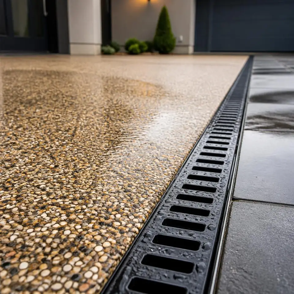 A linear channel drain meets a resin-bound aggregate surface