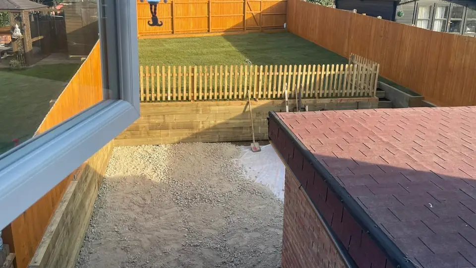 Garden and patio area during ground preparation