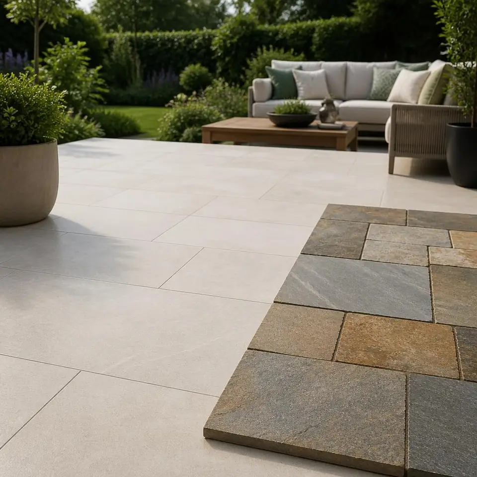 Pale porcelain patio slabs and natural stone paving beside garden seating and plants