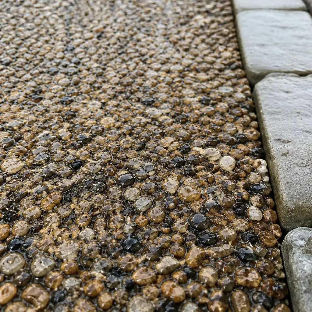 Rain droplets rest on a textured resin-bound aggregate surface
