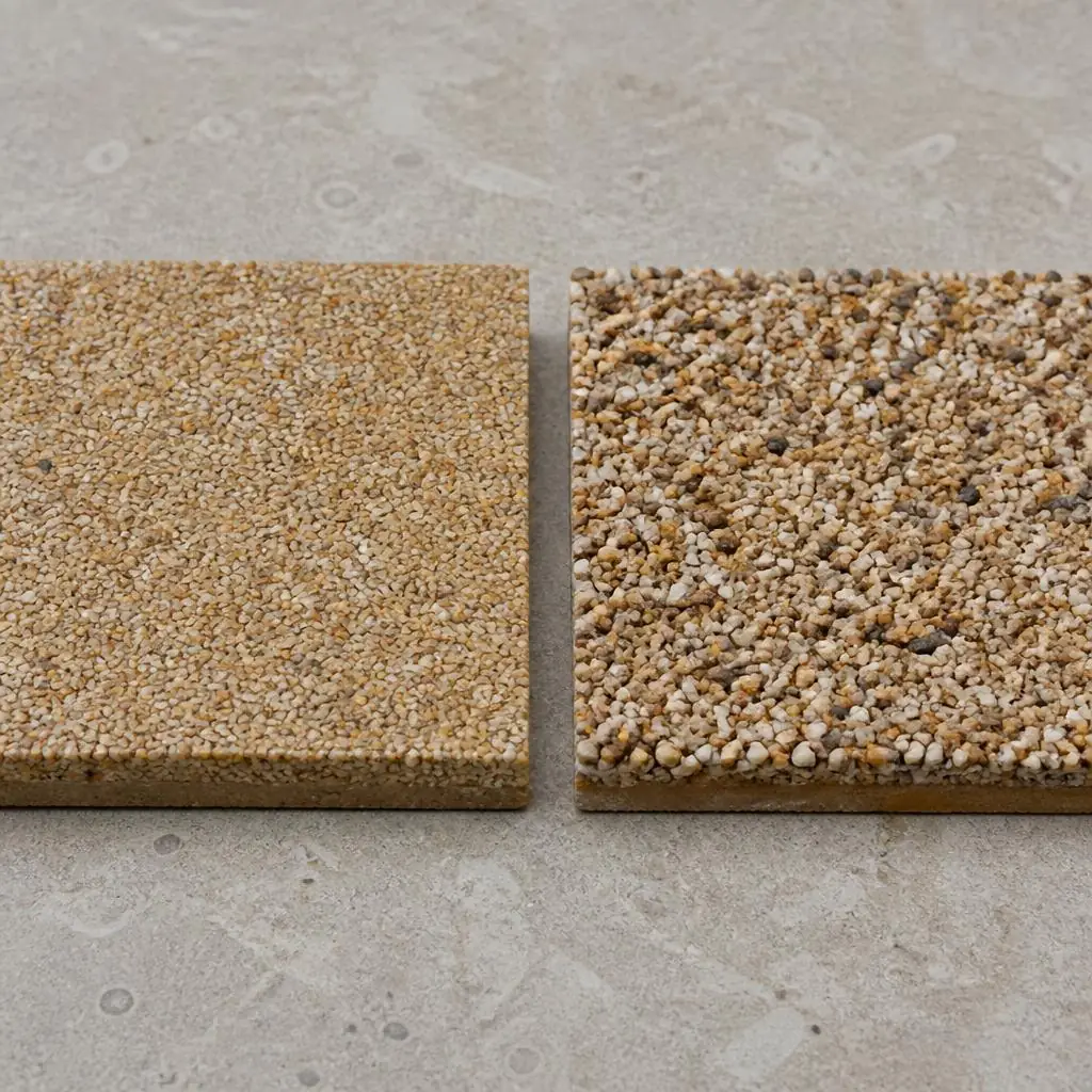 Two resin surfacing samples show bound aggregate beside loose aggregate on a resin layer