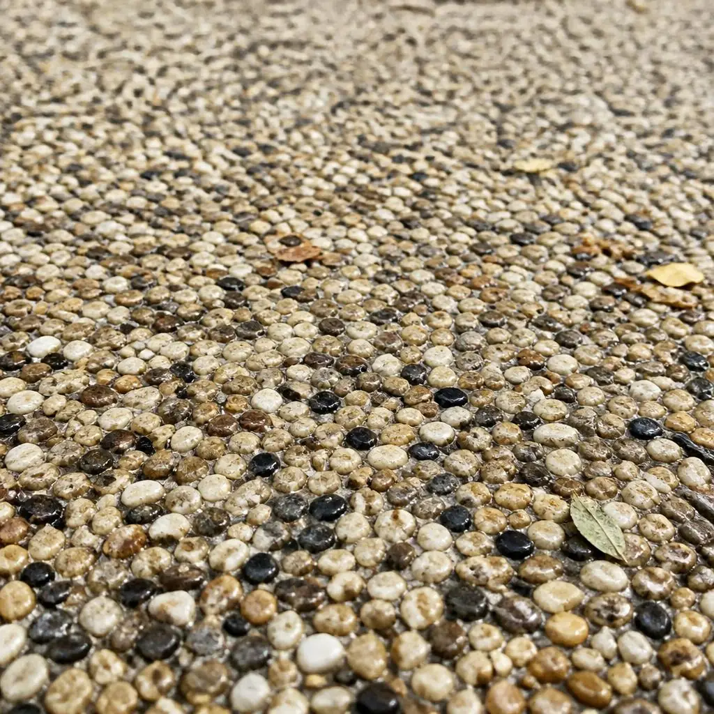 Close view of mixed stone aggregate set in a resin-bound surface