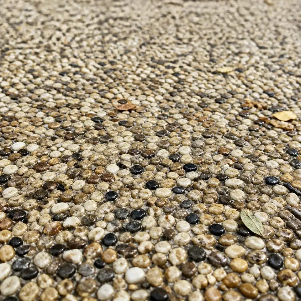 Close view of mixed stone aggregate set in a resin-bound surface