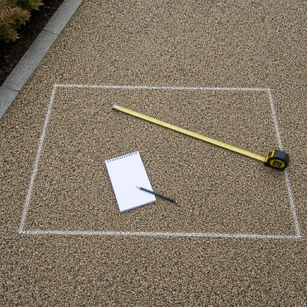 A measuring tape outlines a rectangular area on resin-bound aggregate