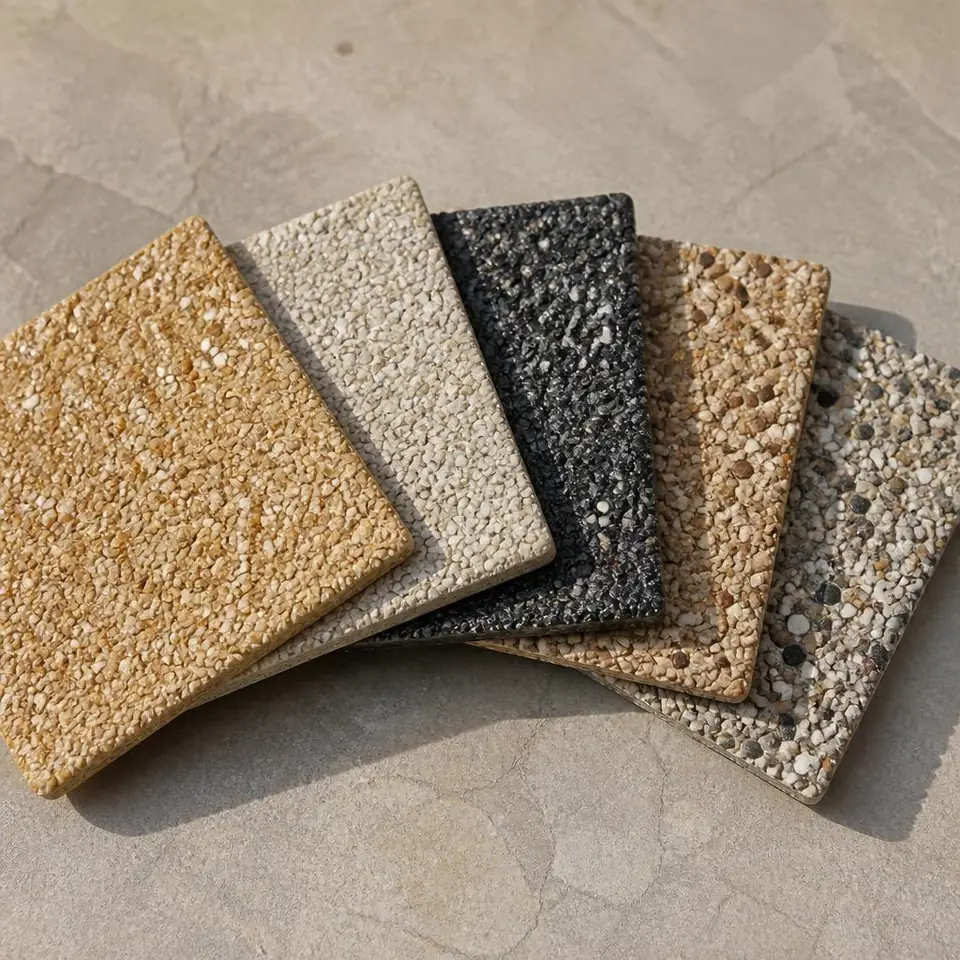 Resin-bound aggregate sample boards in buff, cream, charcoal and mixed stone colours
