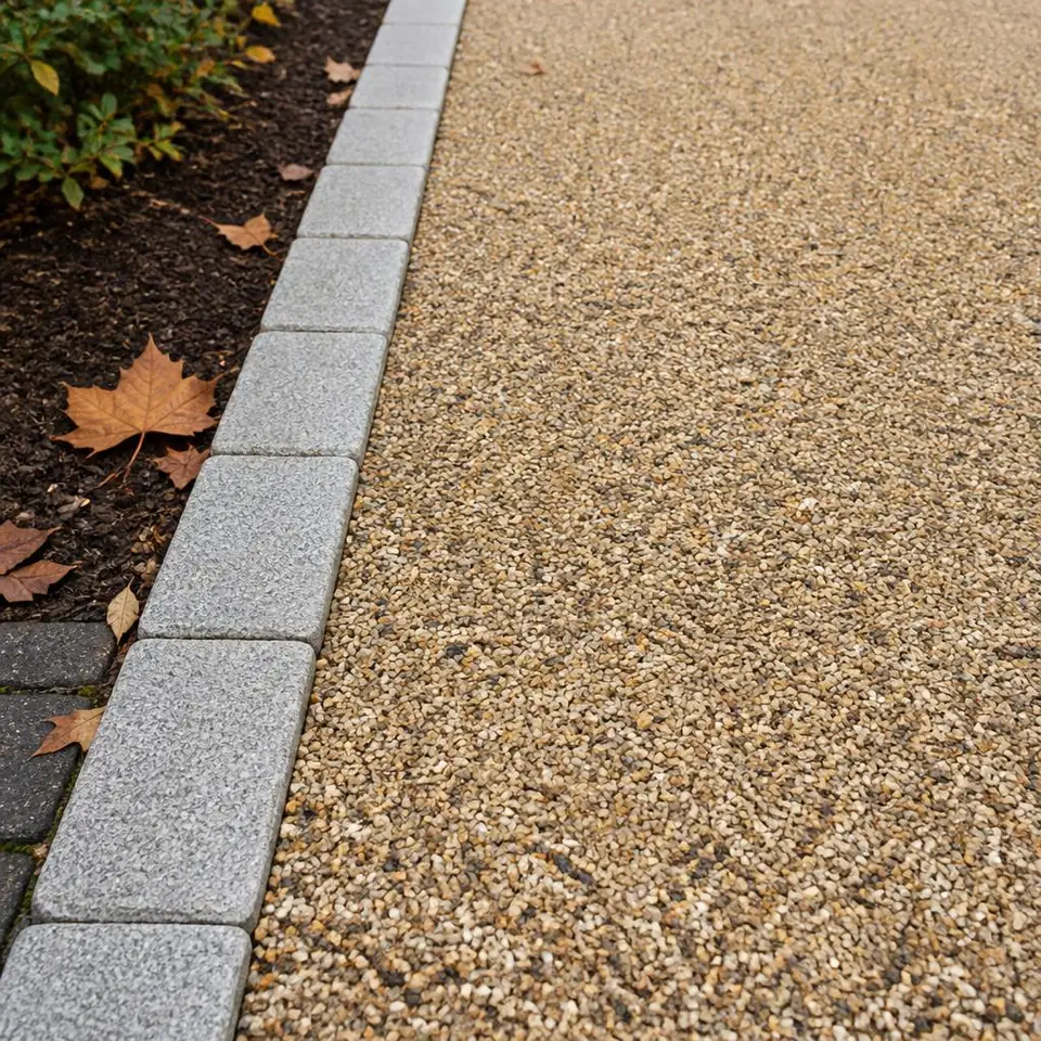 Resin-bound driveway aggregate meets a stone edge with fallen leaves nearby