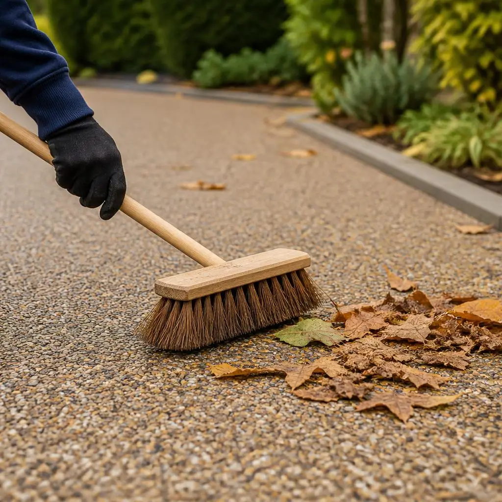 A gloved hand gently sweeps loose leaves from a resin-bound driveway