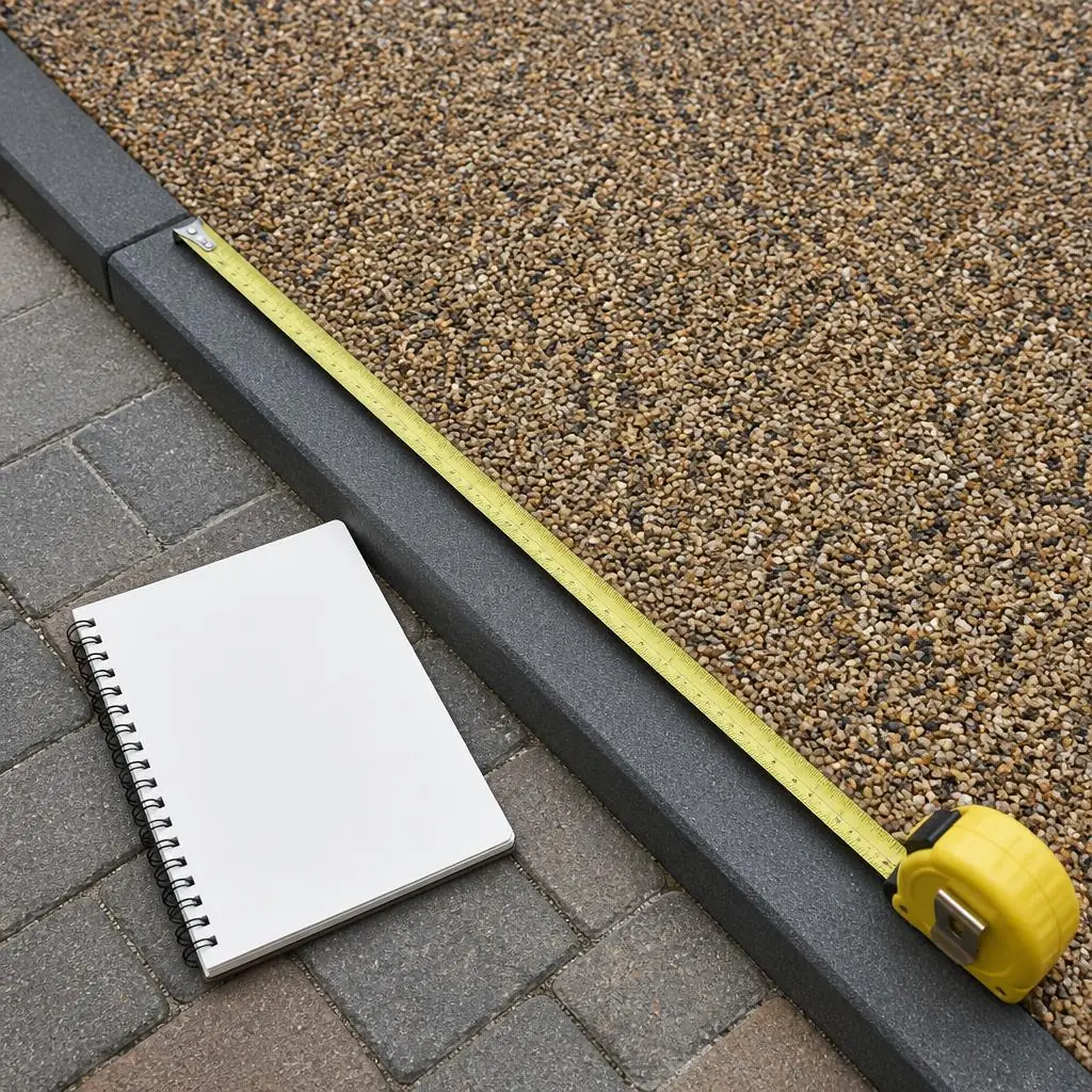 A measuring tape and blank notebook beside a resin-bound driveway surface