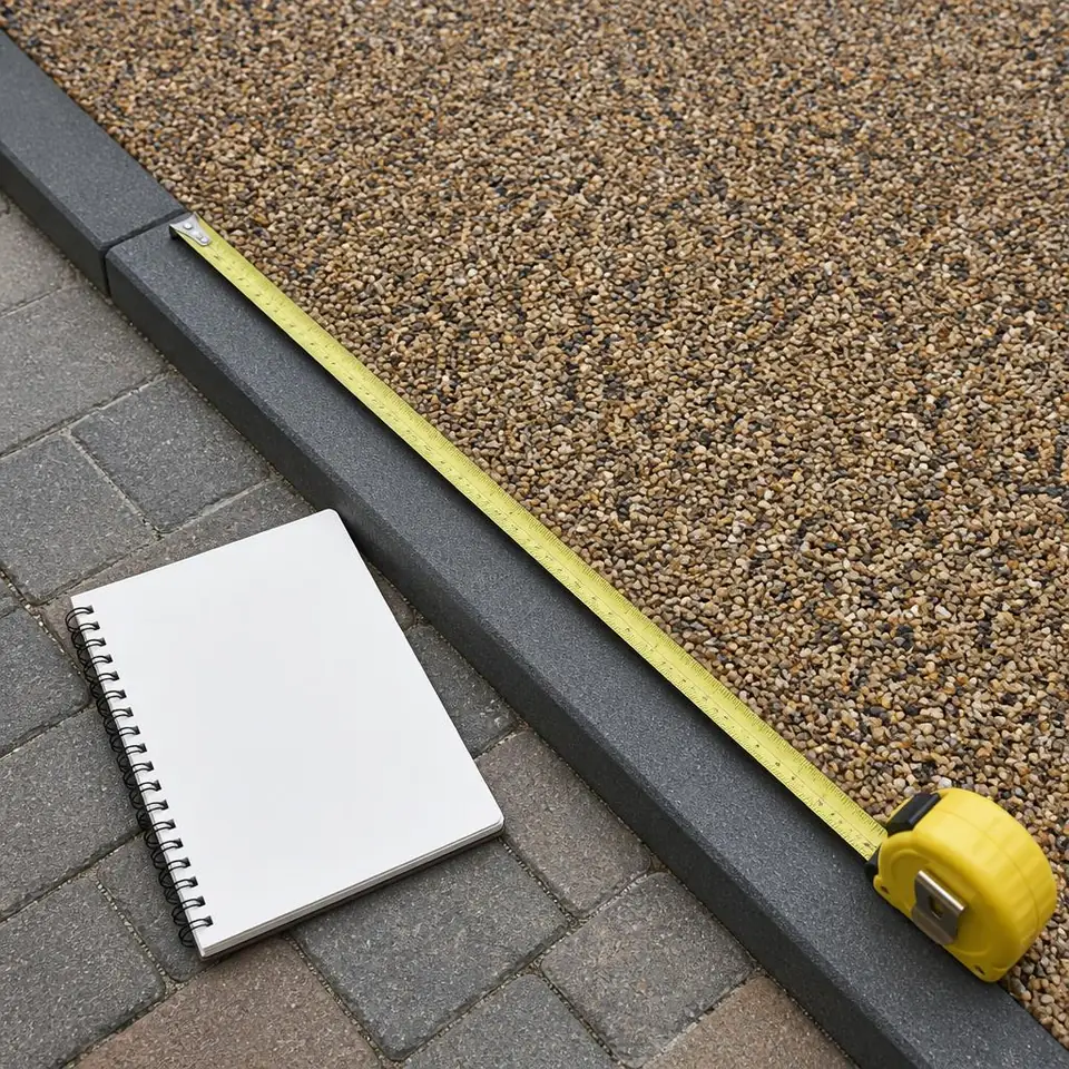 A measuring tape and blank notebook beside a resin-bound driveway surface