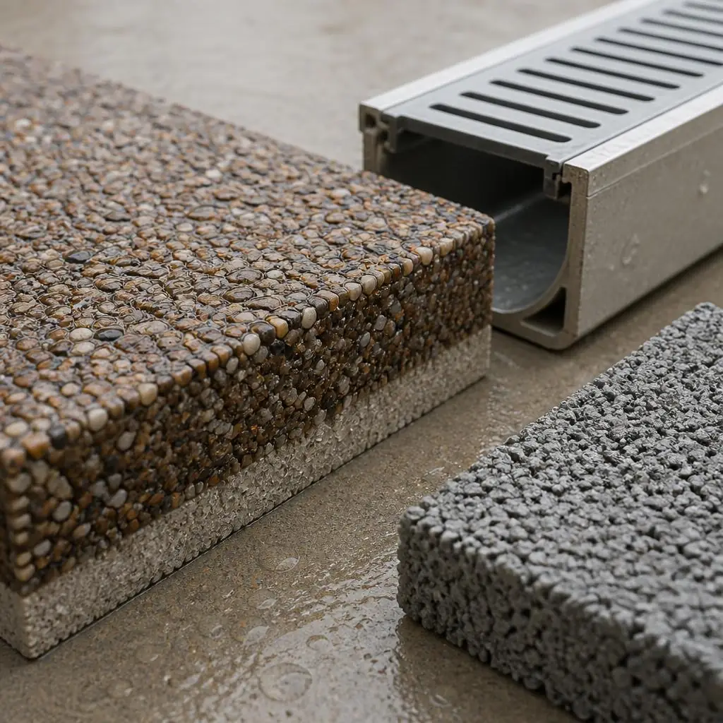 A resin-bound aggregate sample, porous-looking base material and a drainage channel