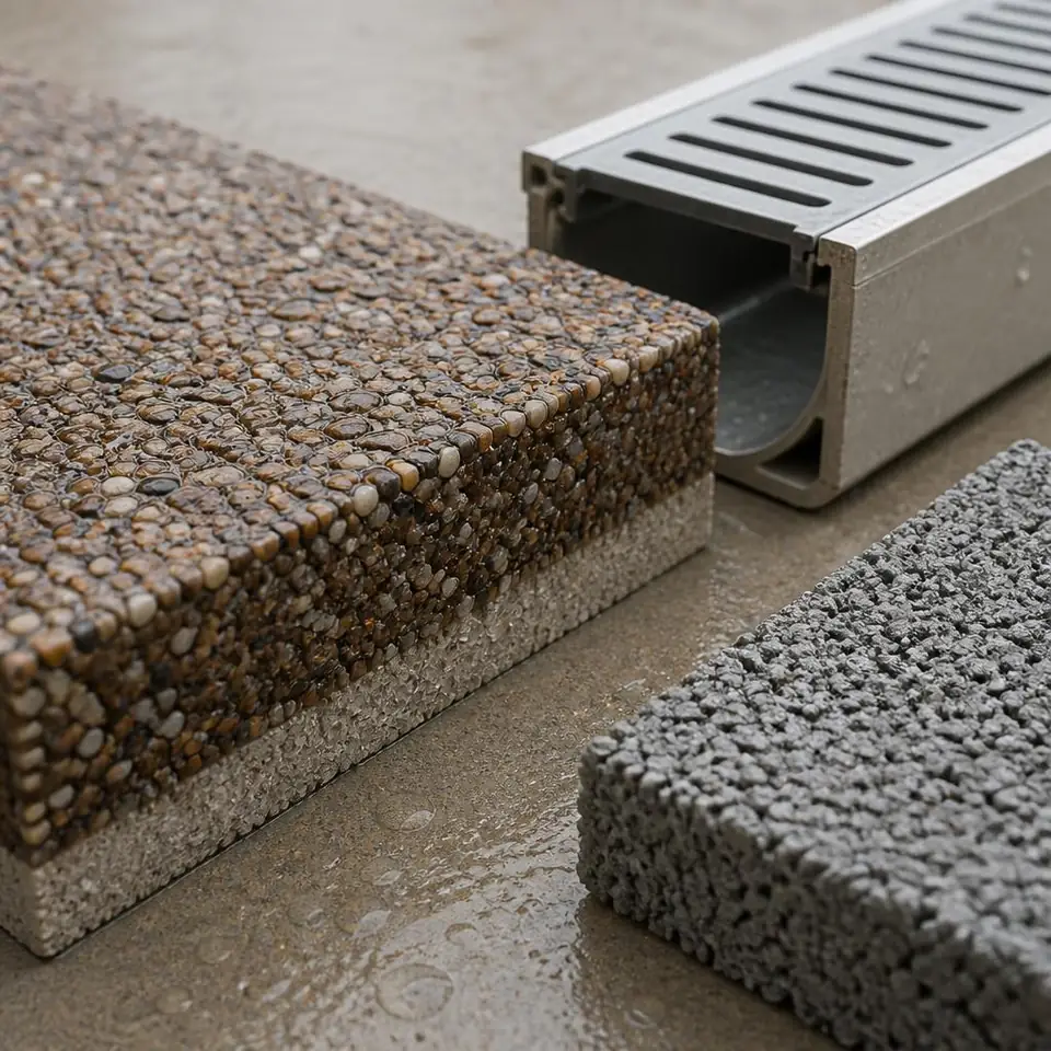 A resin-bound aggregate sample, porous-looking base material and a drainage channel